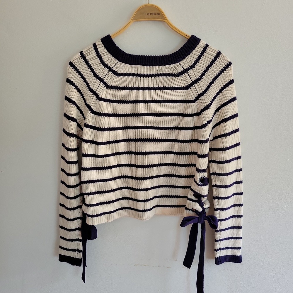 Forever 21 Pullover Side Tie Sweater Navy Blue Stripe Round Neck Nautical Preppy - Picture 2 of 11